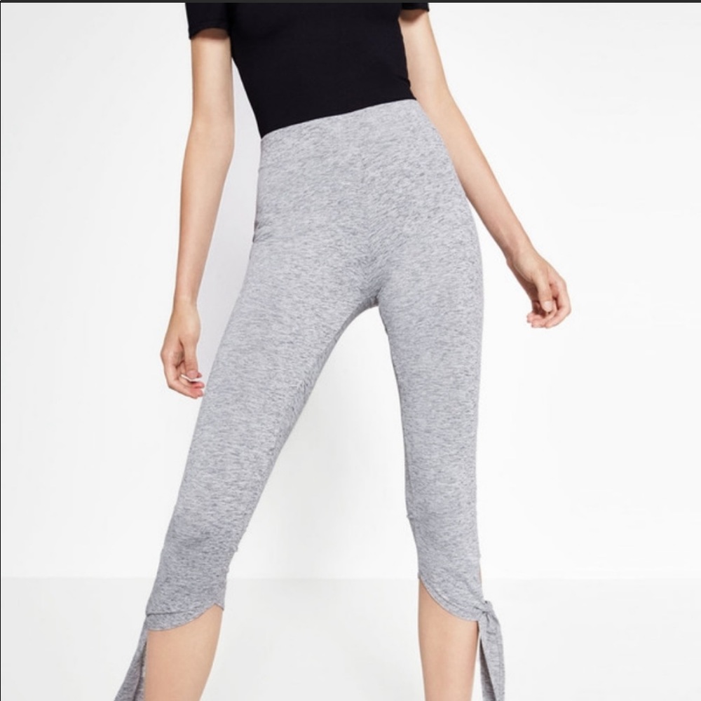 Zara Sport Tie Ankle Crop High Rise Ballerina Leggings Heathered Gray Sz Medium